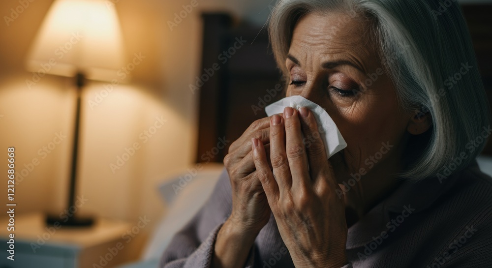 Elderly woman blowing her nose with a tissue in a cozy bedroom setting Elderly woman blowing her nose with a tissue in a cozy bedroom setting