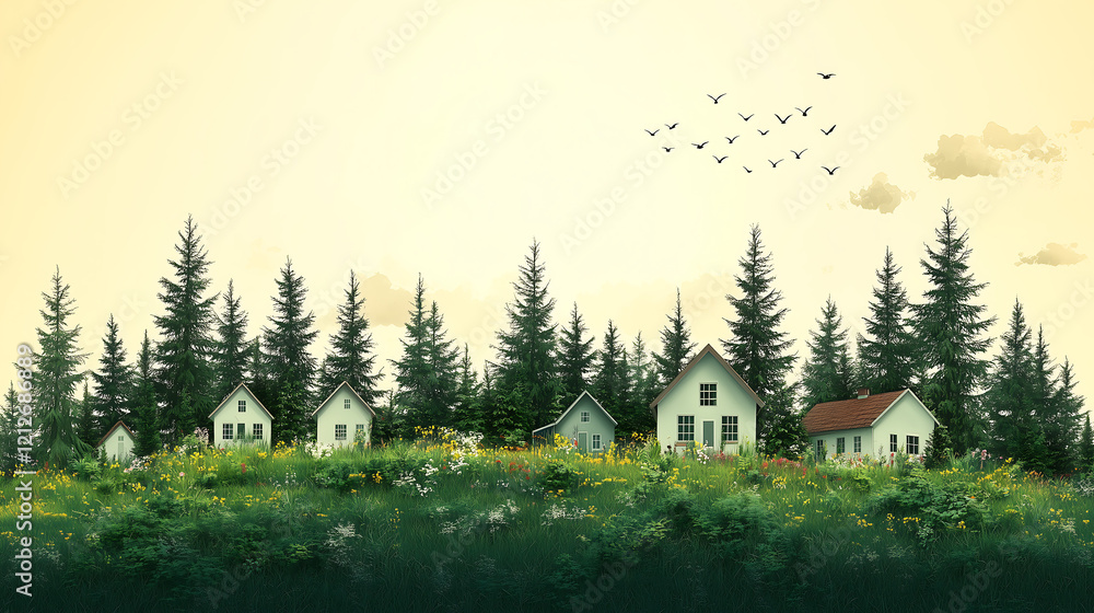 A spring garden with flowers and an old house, Minimalist illustration A spring garden with flowers and an old house, Minimalist illustration