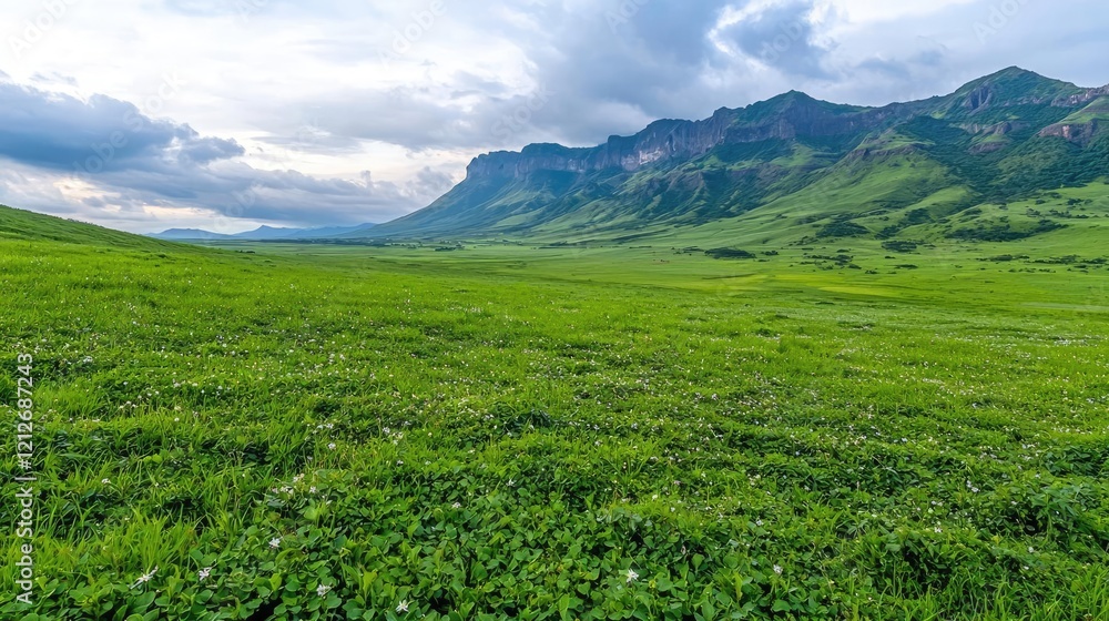 Fototapeta premium Mountain valley grassland landscape, scenic view, cloudy sky, idyllic nature scene, travel photography