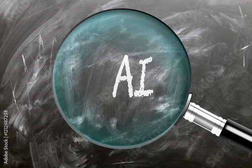 Ai - learn, study and inspect it. Taking a closer look at ai. A magnifying glass enlarging word 'ai' written on a blackboard ,3d illustration photo