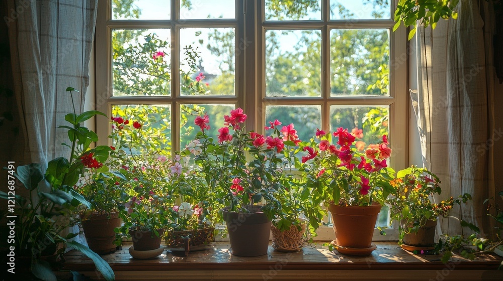 Fototapeta premium Colorful flowers fill the window sill, basking in warm sunlight. Outside, a lively garden bursts with greenery, inviting the beauty of nature indoors and creating a serene atmosphere