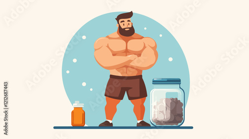 Illustration of a sporty guy with a jar of food supplements. Bodybuilding. Strong man.