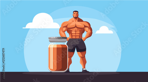 Illustration of a sporty guy with a jar of food supplements. Bodybuilding. Strong man.