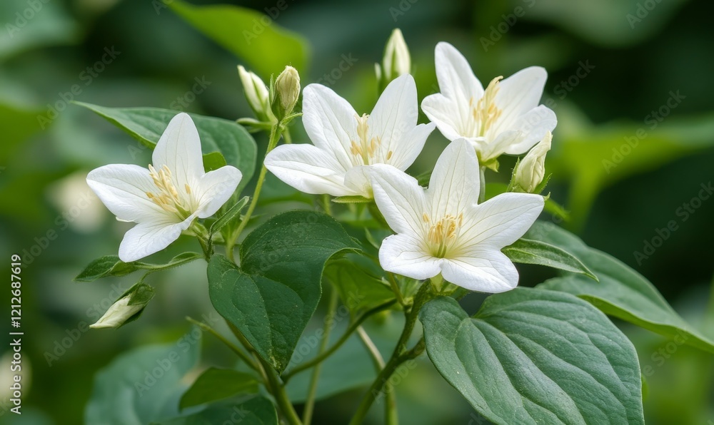 Close-up of white Platycodon grandiflorus flowers in a summer garden, selective focus natural background Close-up of white Platycodon grandiflorus flowers in a summer garden, selective focus natural background