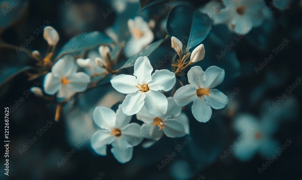 Close-up of white jasmine flowers blooming on a shrub with a nature background Close-up of white jasmine flowers blooming on a shrub with a nature background