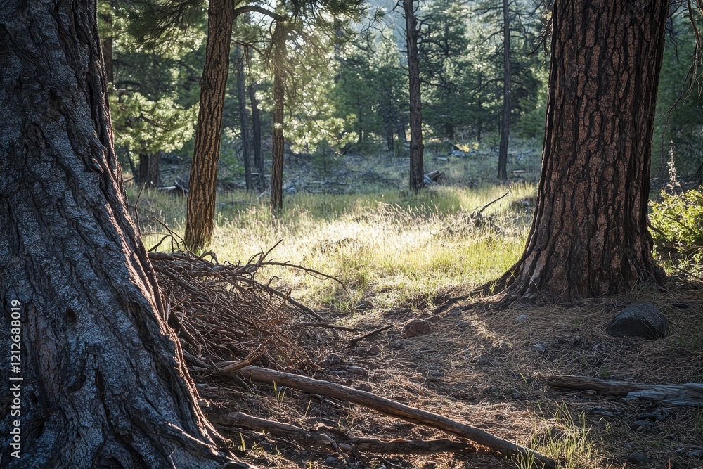 Sunlit forest path, mountain background, nature trail, hiking Sunlit forest path, mountain background, nature trail, hiking