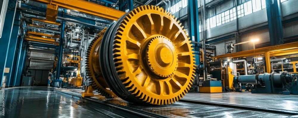 Close view of a large yellow gear in a factory during daytime operations Close view of a large yellow gear in a factory during daytime operations