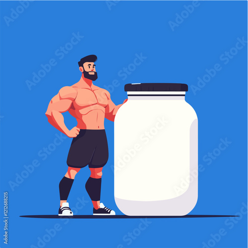 Illustration of a sporty guy with a jar of food supplements. Bodybuilding. Strong man.
