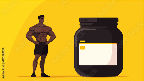 Illustration of a sporty guy with a jar of food supplements. Bodybuilding. Strong man.