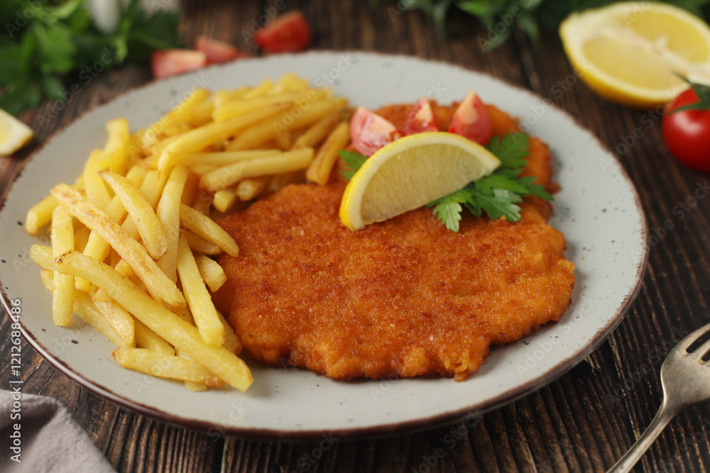 A Viennese schizel with french fries A Viennese schizel with french fries