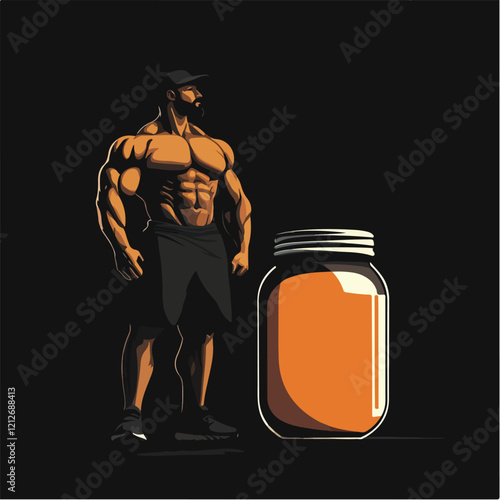 Illustration of a sporty guy with a jar of food supplements. Bodybuilding. Strong man.