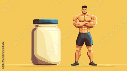Illustration of a sporty guy with a jar of food supplements. Bodybuilding. Strong man.