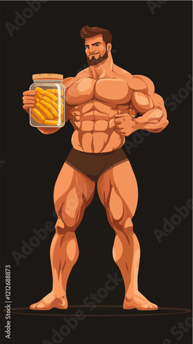 Illustration of a sporty guy with a jar of food supplements. Bodybuilding. Strong man.