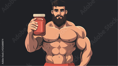 Illustration of a sporty guy with a jar of food supplements. Bodybuilding. Strong man.
