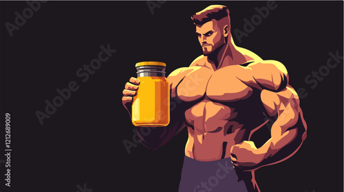 Illustration of a sporty guy with a jar of food supplements. Bodybuilding. Strong man.