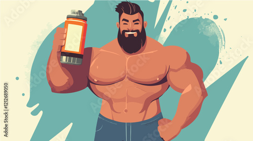 Illustration of a sporty guy with a jar of food supplements. Bodybuilding. Strong man.