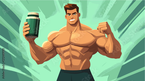 Illustration of a sporty guy with a jar of food supplements. Bodybuilding. Strong man.