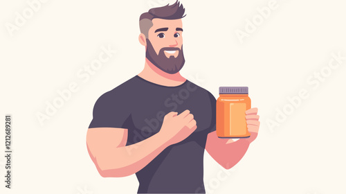 Illustration of a sporty guy with a jar of food supplements. Bodybuilding. Strong man.