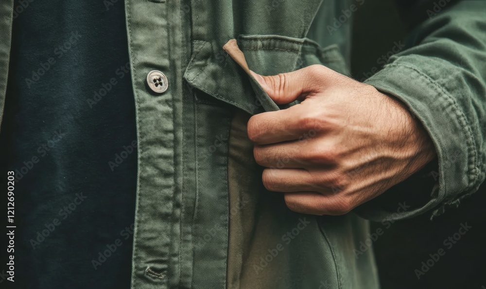 Close up of hand gripping jacket pocket, conveying tension and secrecy Close up of hand gripping jacket pocket, conveying tension and secrecy