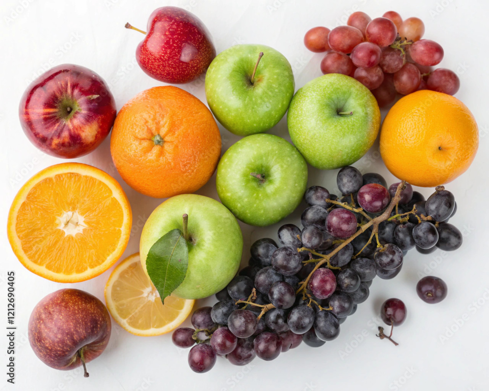Top view of a variety of fresh fruits, including apples, oranges, and grapes, isolated on white background, showcasing the vibrant colors and textures of the fruits. Top view of a variety of fresh fruits, including apples, oranges, and grapes, isolated on white background, showcasing the vibrant colors and textures of the fruits.