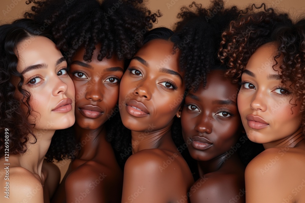 Obraz premium Diverse Group of Five Women with Natural Curly Hair Posing Together Against a Warm Background in a Sensual and Elegant Portrait