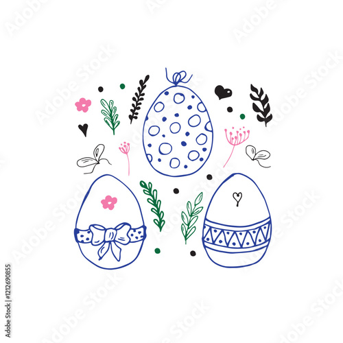Set of easter eggs. Outline decorative sketches easter eggs and leaves for gifts, cards. Hand drawn vector illustration