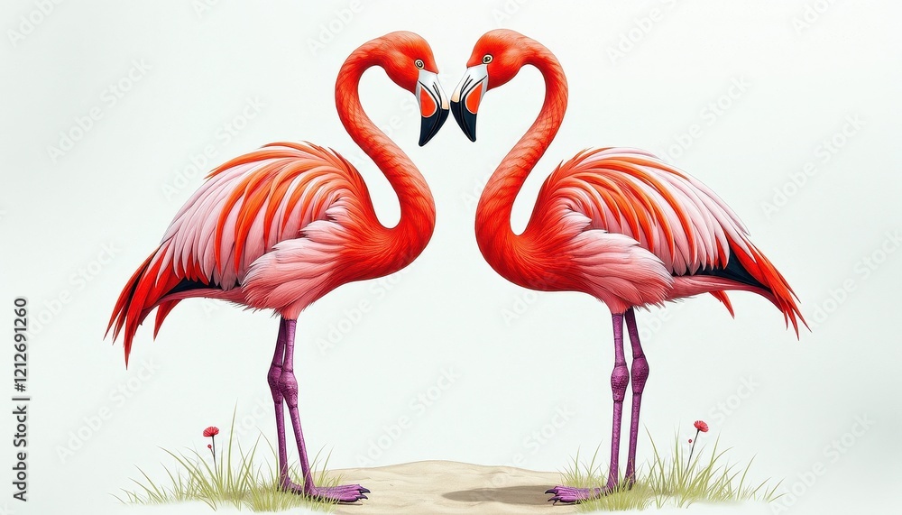 Obraz premium Tender Flamingo Love Artwork: Two Pink Birds Tother on White Background