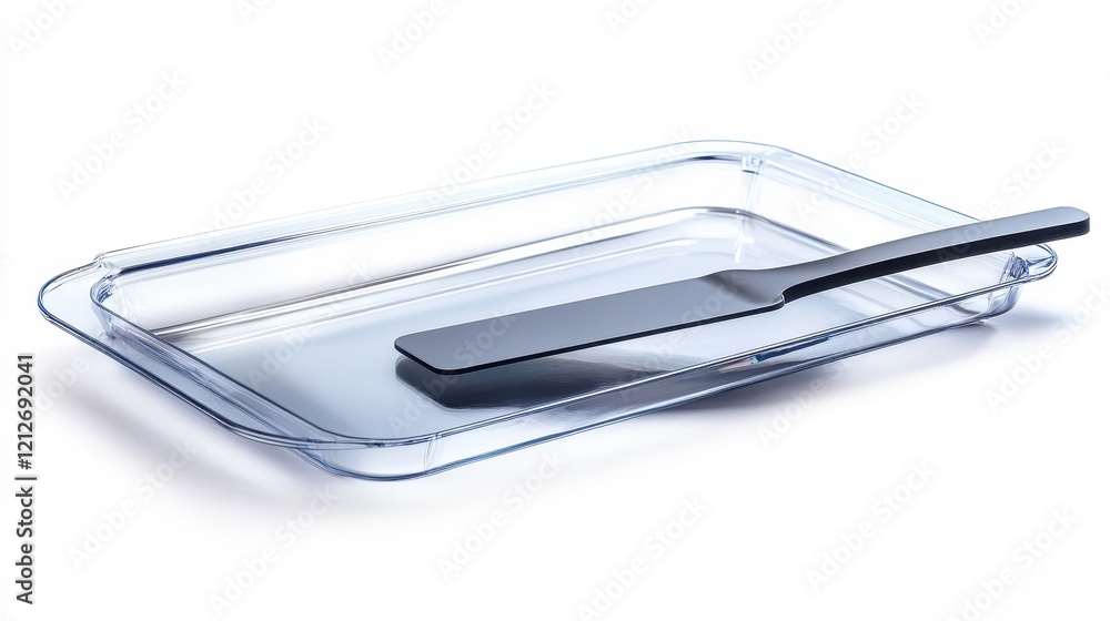 Transparent Baking Dish with Spatula on White Background Transparent Baking Dish with Spatula on White Background