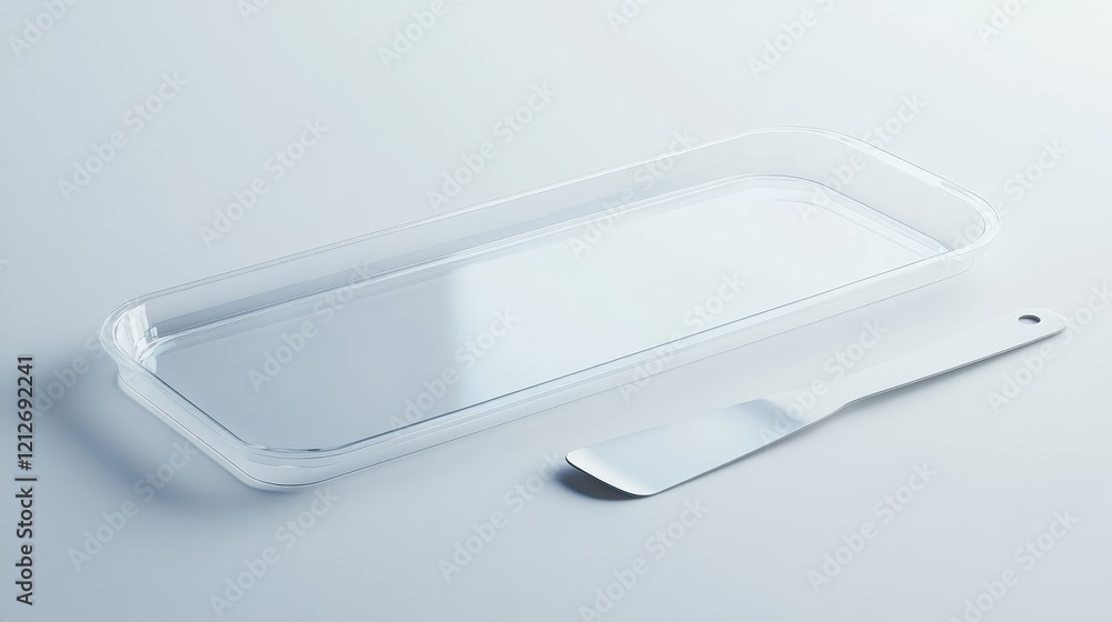 Clear Plastic Tray with Spatula on White Background Clear Plastic Tray with Spatula on White Background