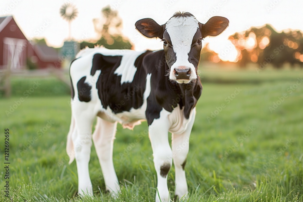 A cute black and white calf stands in a green field at sunset, with a barn in the background, showcasing a serene rural landscape. A cute black and white calf stands in a green field at sunset, with a barn in the background, showcasing a serene rural landscape.