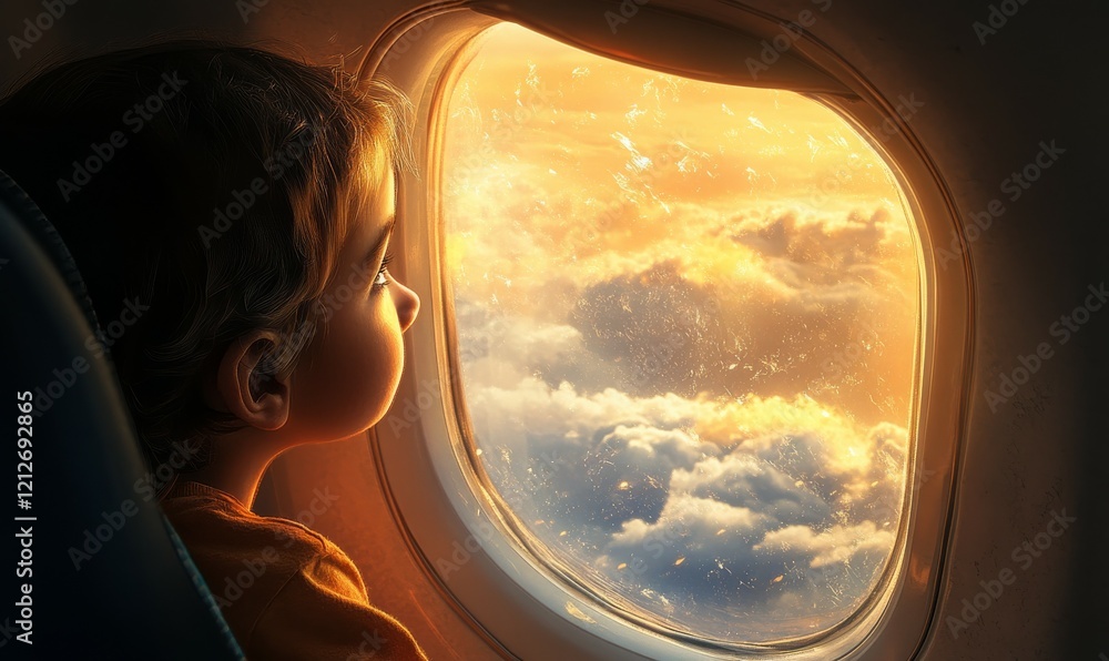 Close-up of a child gazing out of an airplane window Close-up of a child gazing out of an airplane window