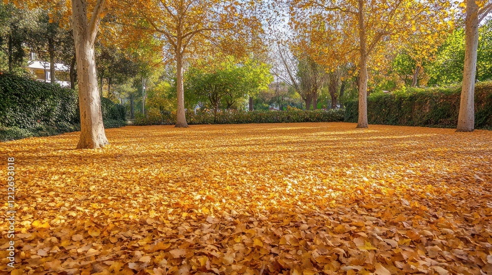 Golden Autumn Leaves Carpet Beneath Trees In Park Golden Autumn Leaves Carpet Beneath Trees In Park