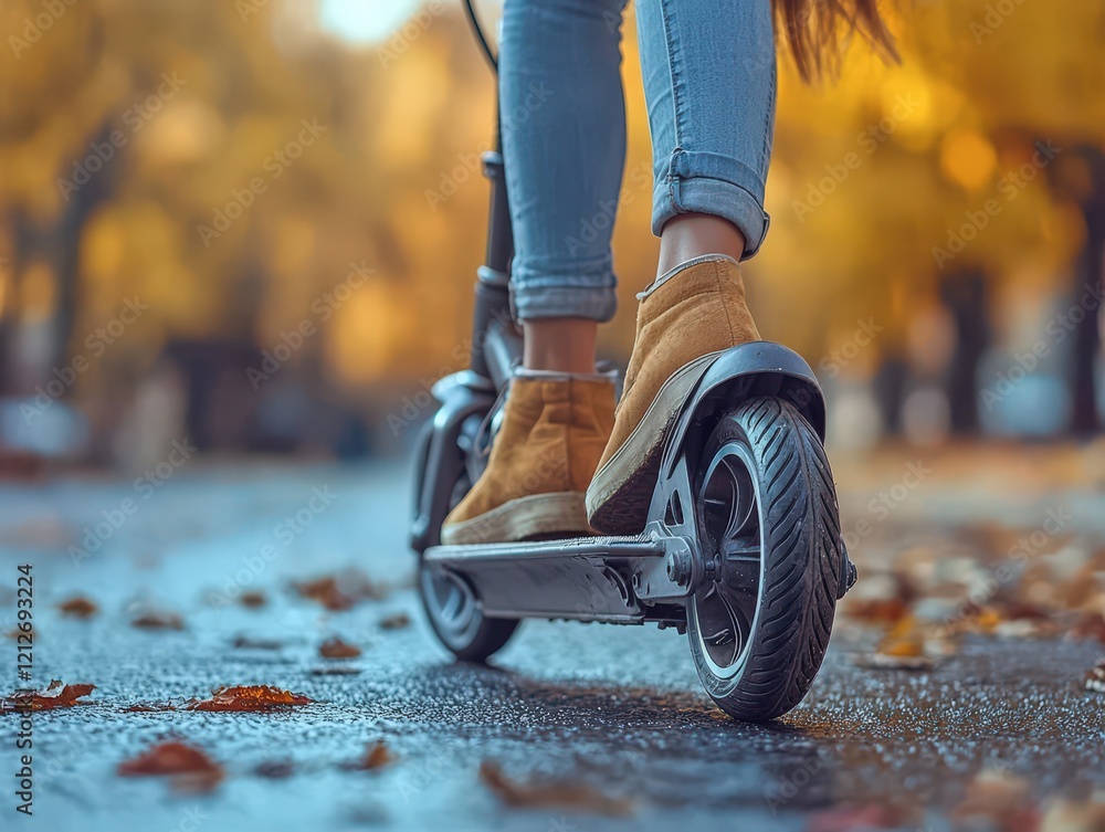 Obraz premium Closeup of the bottom of a scooter and legs of a girl who is riding down the street on acquired vehicles