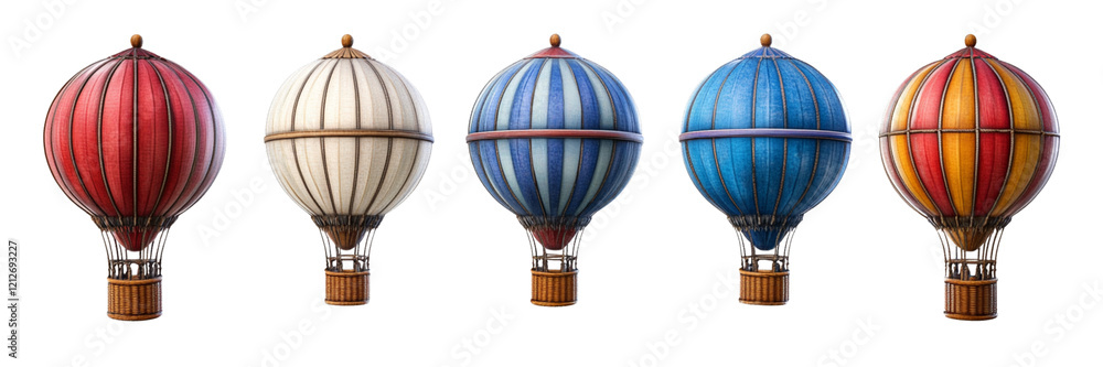 Fototapeta premium Five vibrant hot air balloons, ready for flight, soaring against a black background.