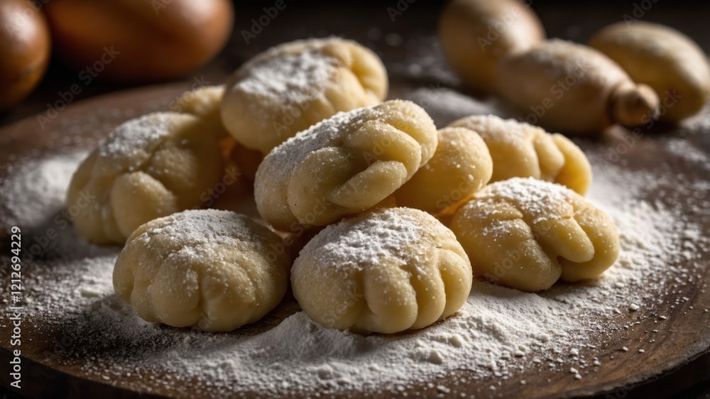 A plate of powdered pastries arranged on a wooden board. A plate of powdered pastries arranged on a wooden board.