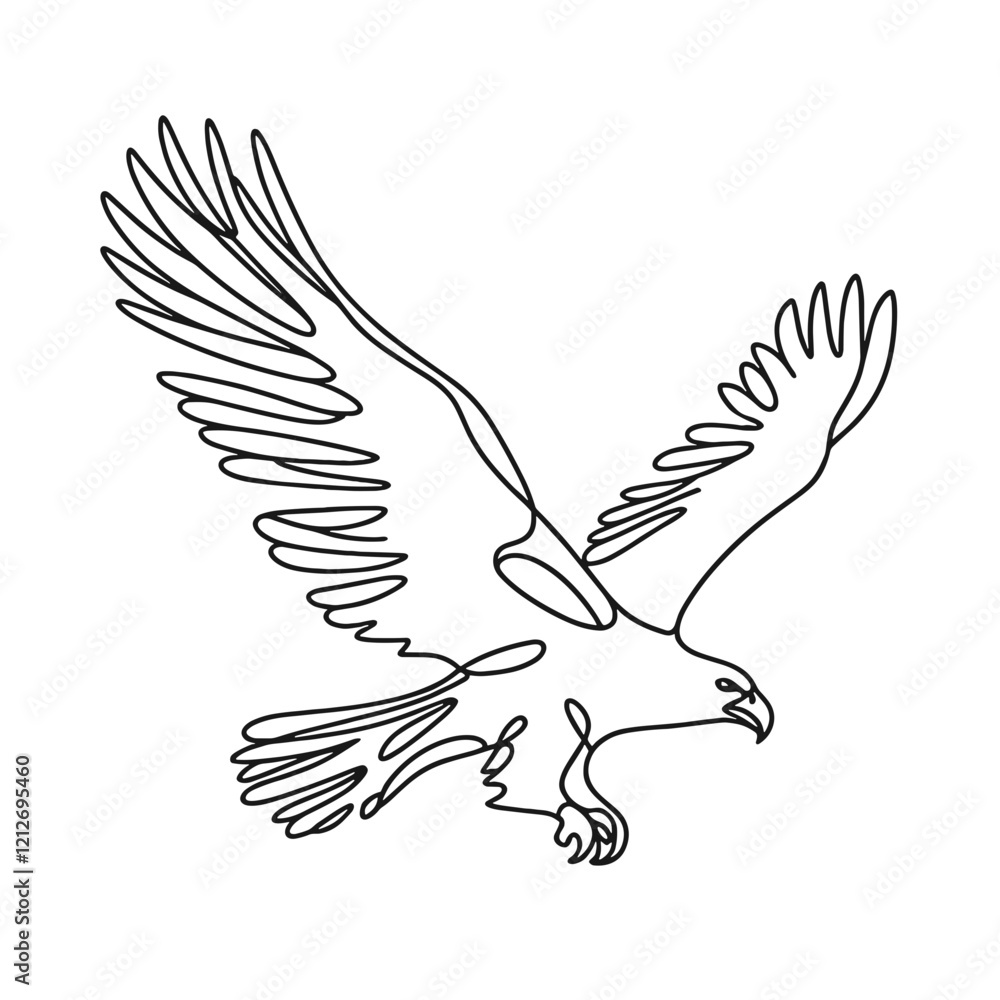 Obraz premium Flying eagle, vector, black line drawing, minimalistic, single line, simple line, isolated, transparent background 