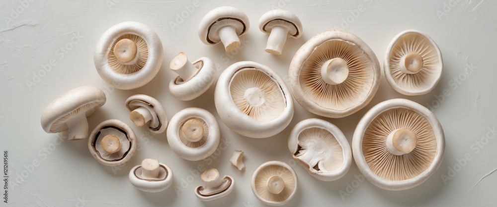 Fresh Sliced and Whole White Mushrooms on a Light Background Fresh Sliced and Whole White Mushrooms on a Light Background
