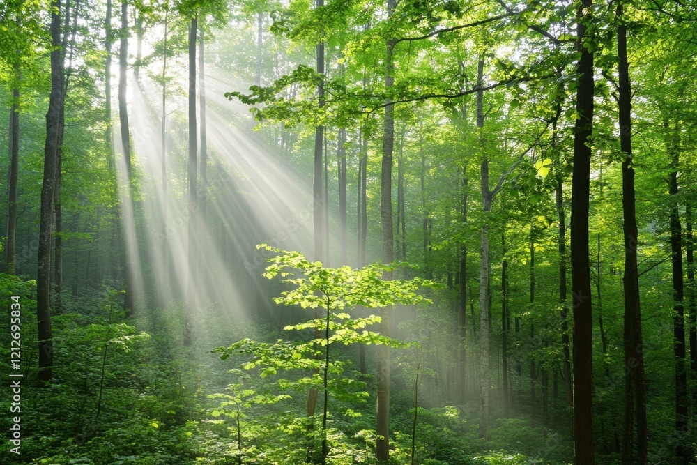 Obraz premium Sunlight Streams Through Lush Green Forest, Illuminating Vibrant Foliage and Creating a Serene Atmosphere of Natural Beauty and Tranquility in Nature's Embrace