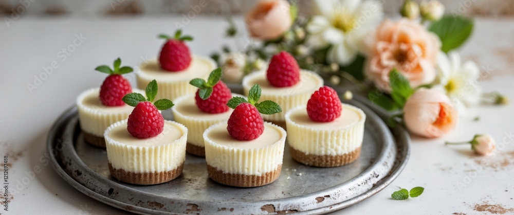 Mini Cheesecake Pastries Topped with Ripe Raspberries and Mint on a Vintage Tray with Fresh Flowers and a Rustic Background. Mini Cheesecake Pastries Topped with Ripe Raspberries and Mint on a Vintage Tray with Fresh Flowers and a Rustic Background.
