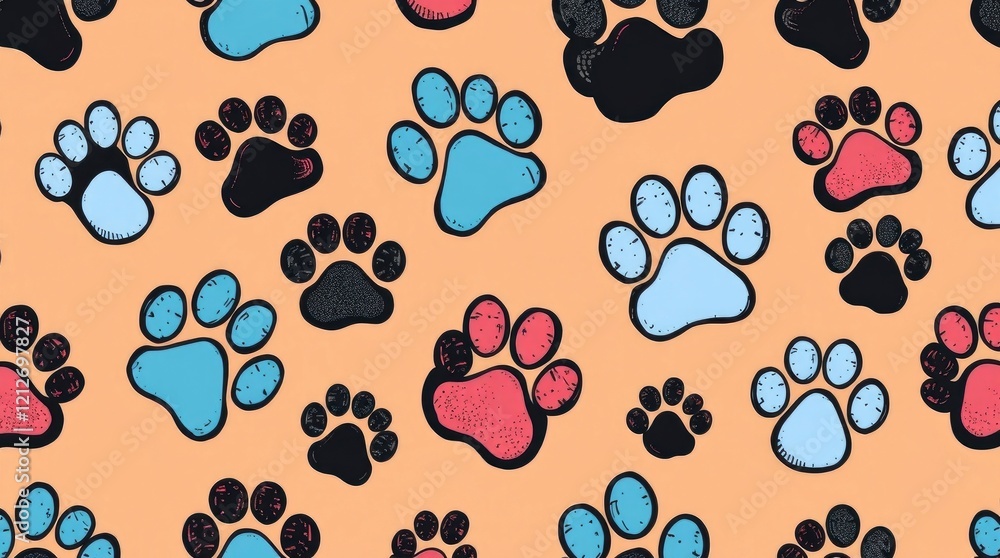 Fototapeta premium Colorful Paw Prints: A Delightful Hand-Drawn Pet Pattern