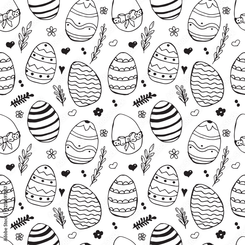Foto Seamless pattern with doodle easter eggs and leaves on white background