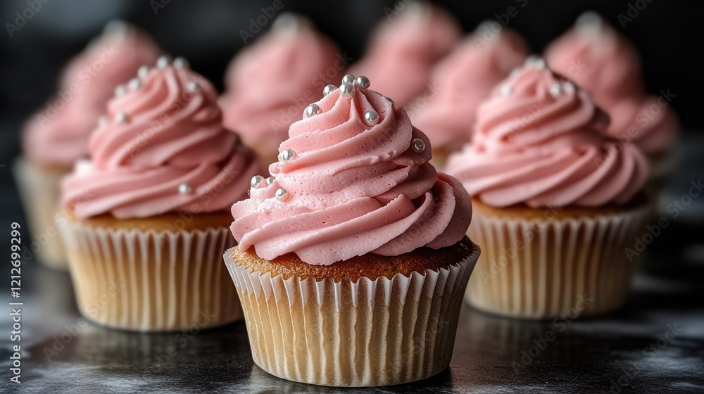 Delicious pink cupcakes with swirls of frosting and decorative pearls Delicious pink cupcakes with swirls of frosting and decorative pearls