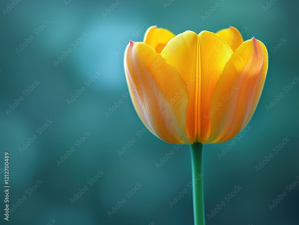 Bright yellow tulip on soft green background with cinematic framing and symmetrical look Bright yellow tulip on soft green background with cinematic framing and symmetrical look