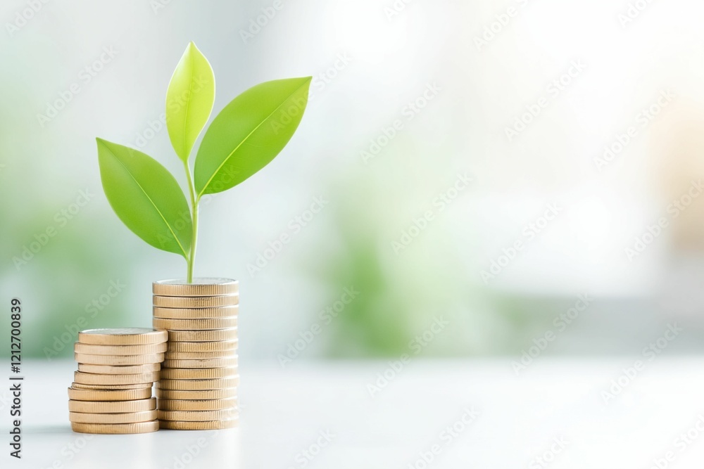 Plant is growing out of a stack of coins Plant is growing out of a stack of coins