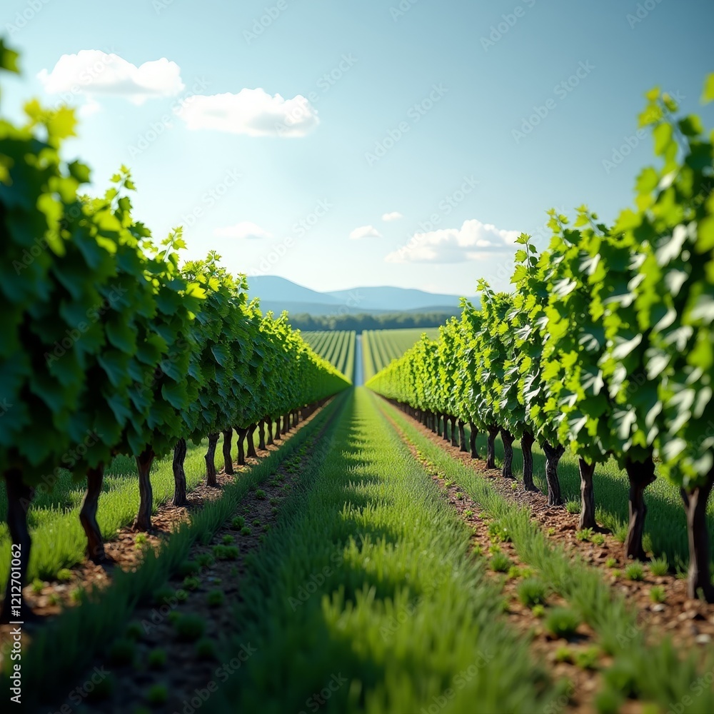 Naklejka premium A serene vineyard scene, with rows of lush green vines and a clear blue sky