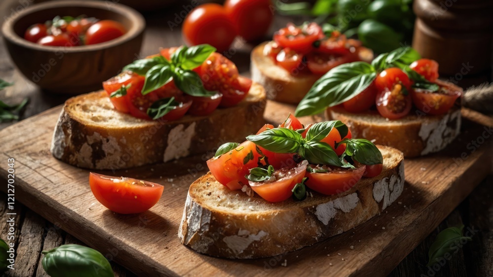 Fresh bruschetta topped with tomatoes and basil on a wooden board. Fresh bruschetta topped with tomatoes and basil on a wooden board.