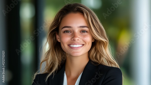 Woman with blonde hair and a black suit is smiling