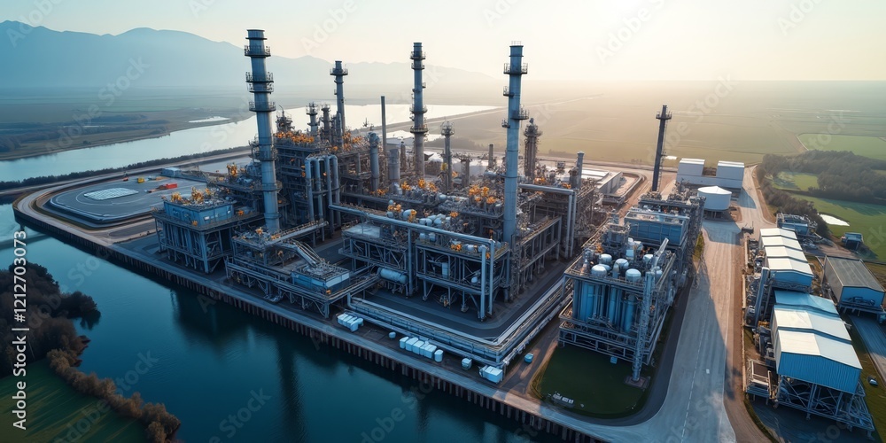 A large industrial complex with multiple buildings and pipes A large industrial complex with multiple buildings and pipes