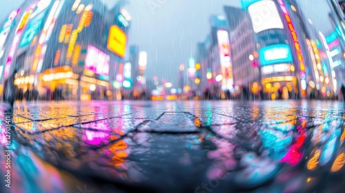 Vibrant City Street at Night Rainslicked Streets Reflecting Neon Lights photo