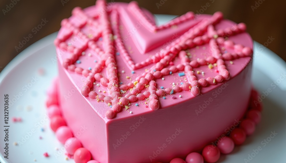 Vibrant Heart-Shaped Pink Cake with Sprinkles on White Plate Against Blurred Background Vibrant Heart-Shaped Pink Cake with Sprinkles on White Plate Against Blurred Background